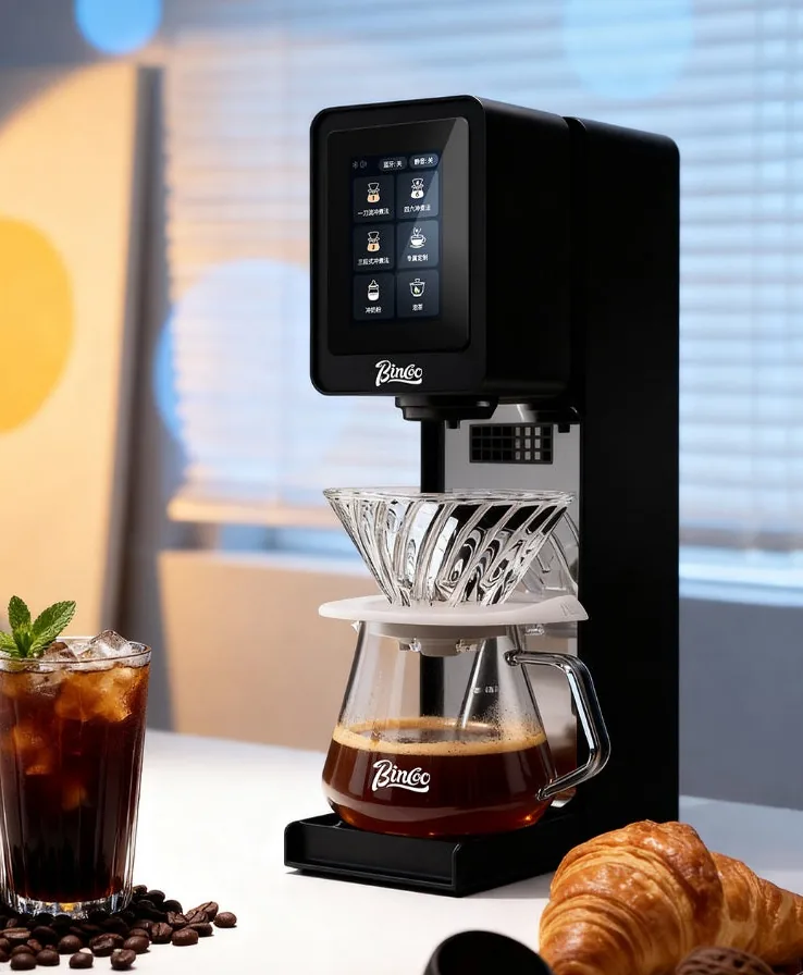 Bincoo Composer PO01 brewing pour-over coffee beside an iced coffee