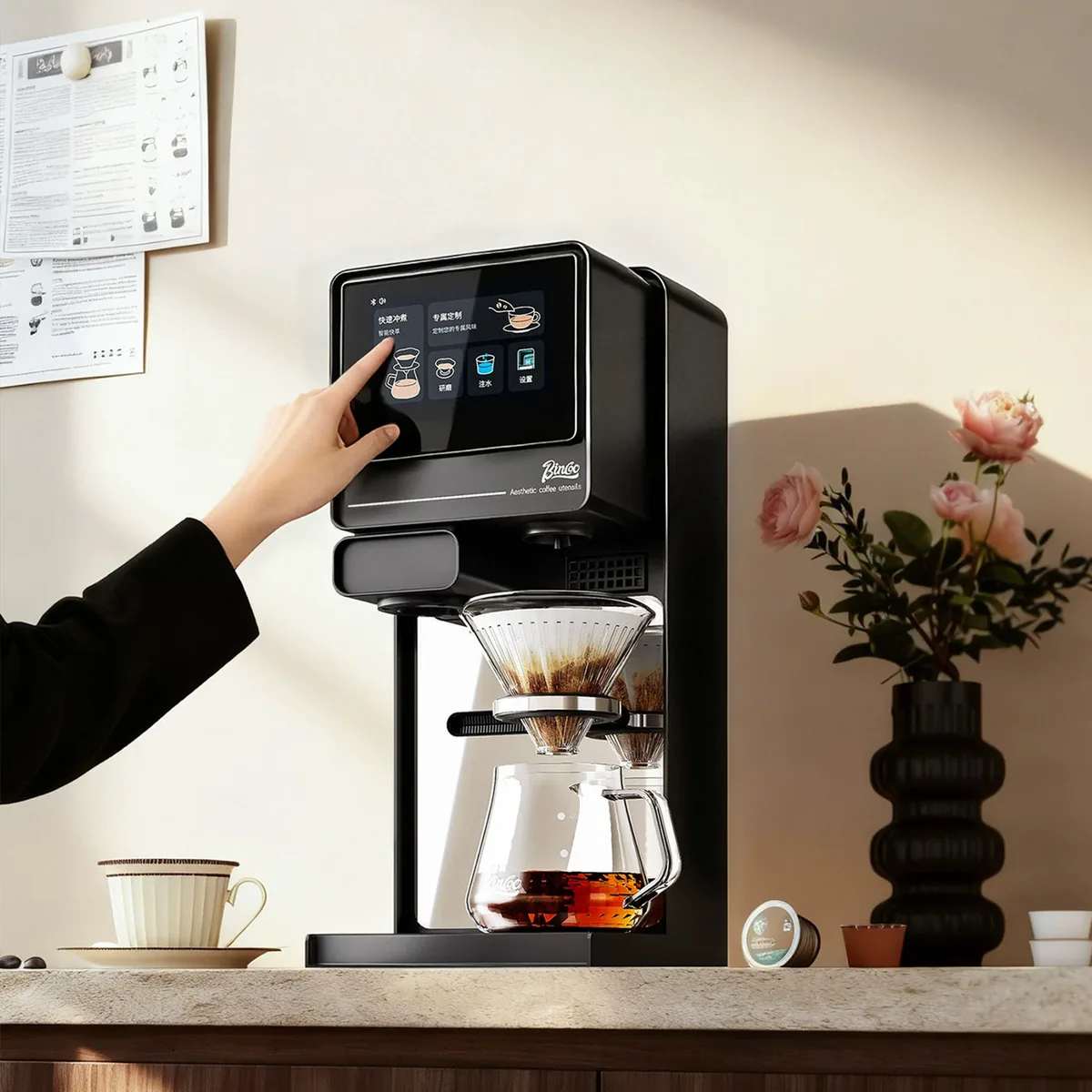 Bincoo Automatic Pour-Over machine being operated on a kitchen counter